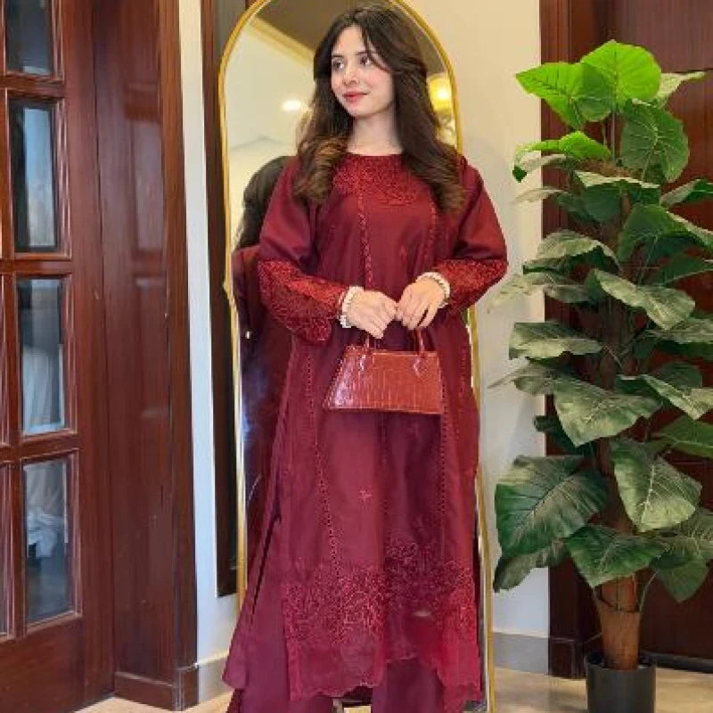 Rose Wine - 2 Piece Embroidered Lawn Cotton Suit